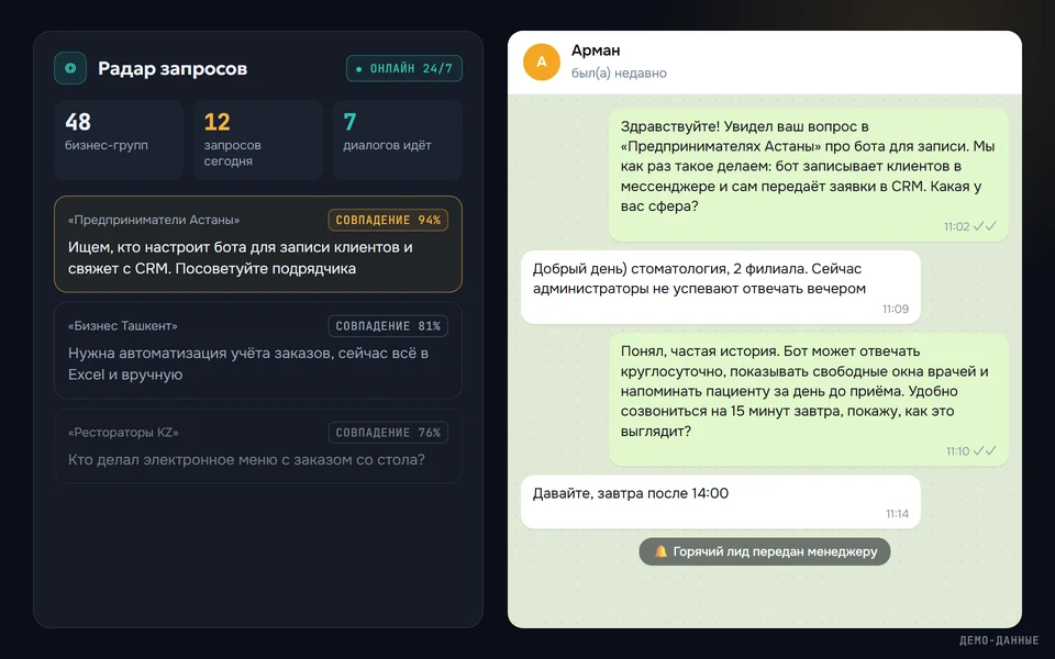 Радар запросов и диалог AI-продажника в Telegram